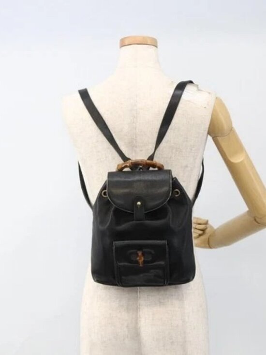 GUCCI Bamboo Backpack Leather Black Gold 003 2034 0030 Auth ka3090 main image 13